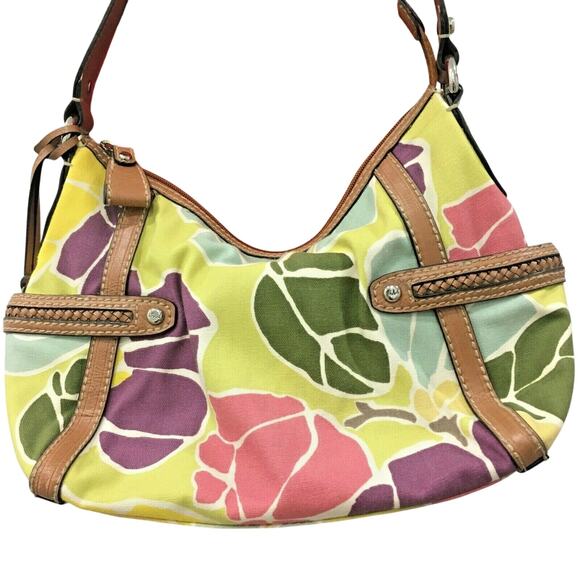 Fossil Canvas Shoulder Bag Purse Tan Leather Key Charm Multi Color Floral Cotton - Picture 2 of 5
